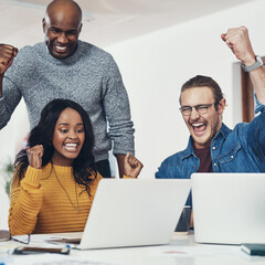 Poster - Fist pump, business people and celebration in office with laptop for project completion, client approval or creative win. Copywriting team, happy and success for positive campaign feedback milestone