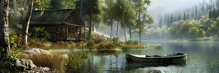 Sticker - A serene lakeside scene featuring a cabin, boat, and lush greenery.