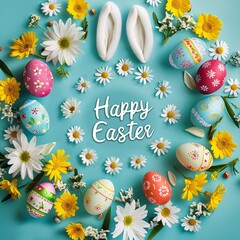 4. Festive Easter greeting, circle of colorful decorated eggs, turquoise background, surrounded by vibrant spring flowers, two white bunny ears at the top, 