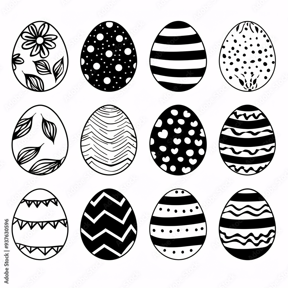 5. Black and white line art of twelve Easter eggs, various patterns ...