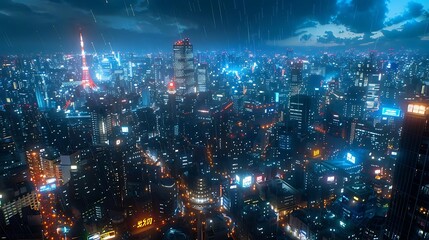 Wall Mural - A vibrant, futuristic cityscape illuminated by neon lights and rain, showcasing urban life at night.