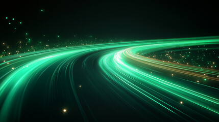 Vector illustration of green light lines of a car at night with motion blur