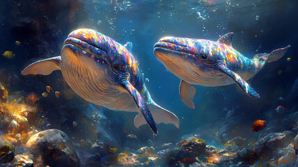 Poster - illustration of two cute baby whales swimming in the sea coral background