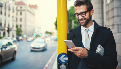 Canvas Print - Businessman, phone and chat in city for communication, commute and morning trip for networking. Male person, legal consulting and lawyer to schedule agenda for case planning, app and travel in town