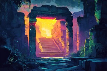 Wall Mural - Ancient Stone Gateway Leading to a Sunlit Pathway in a Jungle