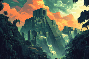 Wall Mural - Ancient Stone Pyramid with Waterfall in Jungle Setting