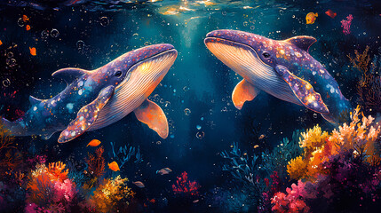 Wall Mural - illustration of two cute baby whales swimming in the sea coral background