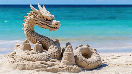 A dragon is sitting on a sandcastle on a beach