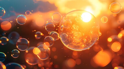Poster - Microscopic view of soap bubbles against a sunset AI generated illustration