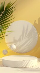 Aufkleber - The bold yellow podium stands ready for a product launch, surrounded by playful shadows and floating spheres, creating an inviting and energetic atmosphere for presentations