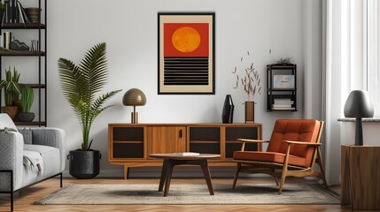 Wall Mural - Minimalist and modern style cinema poster placed within a wooden frame AI generated illustration