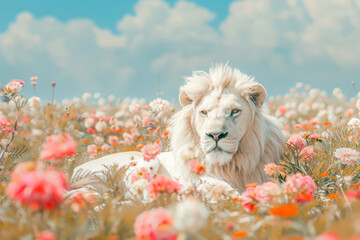 Fototapete - lion with flowers on nature background