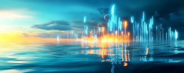 Wall Mural - Neon Cityscape Reflecting in Water.