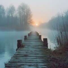 Canvas Print - Misty Morning Sunrise over Wooden Dock