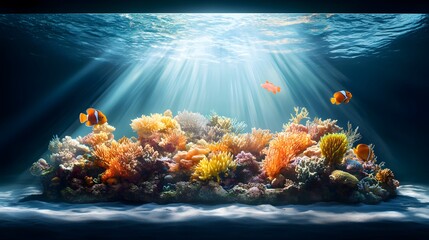 Wall Mural - Underwater Coral Reef with Clownfish and Sunbeams.