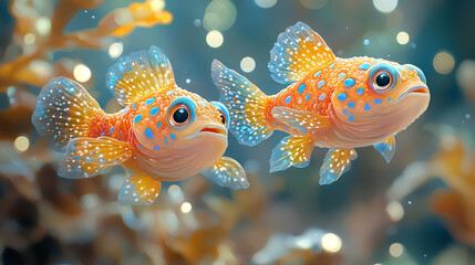 Poster - illustration detail print of two cute colorful baby puffer fish on nature background