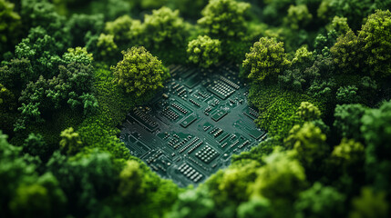 Wall Mural - Printed circuit board, Resistor, Transistor, Covered by trees, Computer circuit board, Nature with digital convergence and technology convergence, Green computer, Green technology