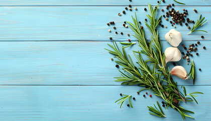 Wall Mural - Fresh rosemary, garlic and pepper on light blue wooden table, flat lay. Space for text