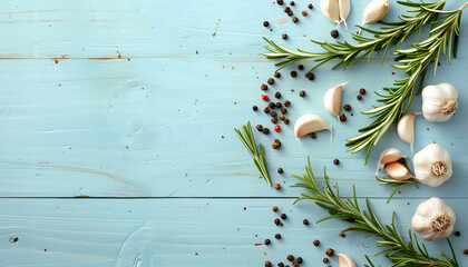 Wall Mural - Fresh rosemary, garlic and pepper on light blue wooden table, flat lay. Space for text