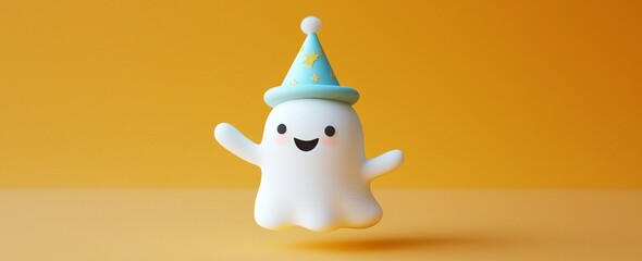 Wall Mural - 3D rendering of Halloween ghost with party hat against orange background.