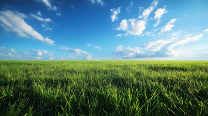 Wall Mural - Vast Green Field Under Bright Blue Sky with Fluffy Clouds