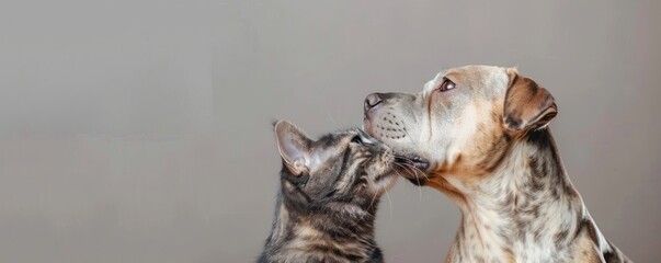 Poster - A brown and white dog and tabby cat are touching noses in front of a gray background.