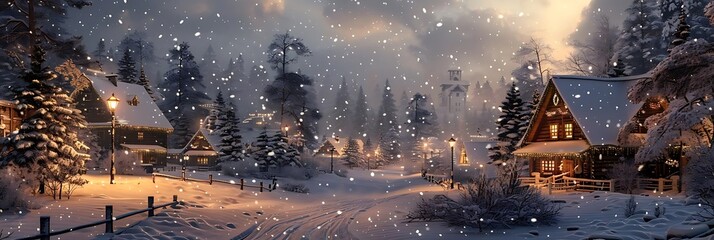 Poster - A serene winter landscape with snow-covered trees and cozy cabins illuminated at dusk.