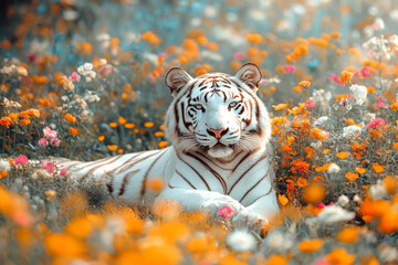 Fototapete - tiger with flowers on nature background