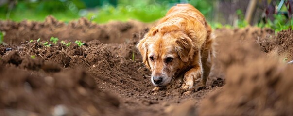 Golden Retriever dog digging in the dirt.