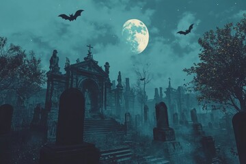 Wall Mural - Using generative stock, I created this Halloween background with pumpkins and graveyards