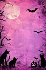 Wall Mural - The background of Halloween night is purple with trees, bats, cats, and pumpkins