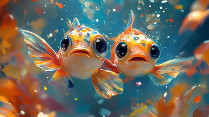 Wall Mural - illustration of two cute colorful baby puffer fish on ocean background