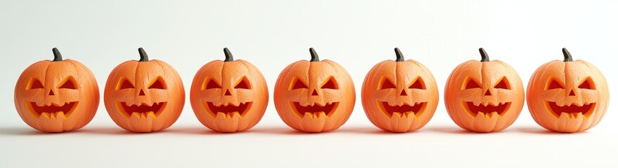 A row of halloween jack o lantern pumpkins on a white background. Stock photo