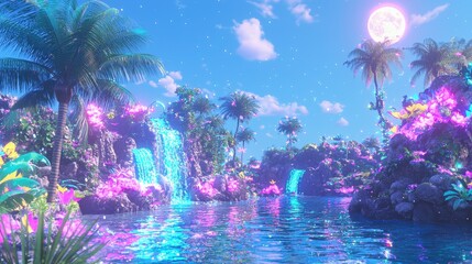 Poster - Magical Waterfall in Lush Tropical Paradise with Full Moon and Glittering Sky