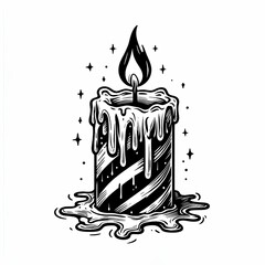 Wall Mural - Black and white burning candle with melting wax, Halloween element in modern flat, line style. Hand drawn illustration.