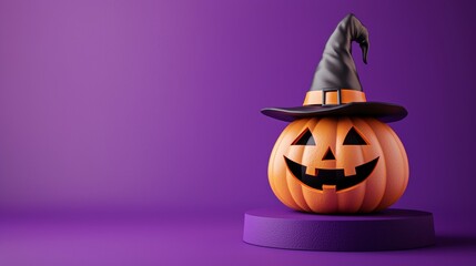 Canvas Print - A set of Jack-o-Lantern pumpkins with witch hats and a podium to display a product on a purple background. Happy Halloween concept. Traditional October holiday. 3D rendering illustration.