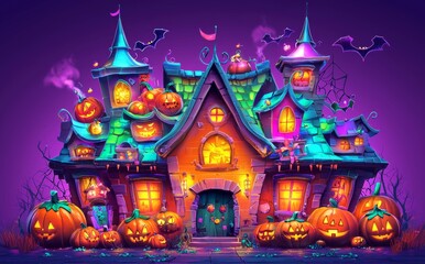 Wall Mural - The house is surrounded by spooky pumpkins in a 3D Halloween background