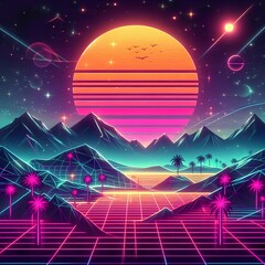 Wall Mural - 80s retro futuristic sci-fi., nostalgic 90s. Night and sunset neon colors, cyberpunk vintage illustration.