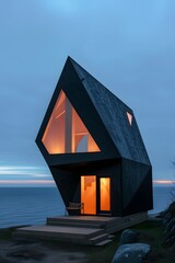 Canvas Print - Minimalist micro house with visually striking geometric shapes and overlooking an ocean  AI generated illustration