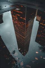 Poster - Minimalist urban skyscraper reflected in puddles depicted in a cinematic lens  AI generated illustration