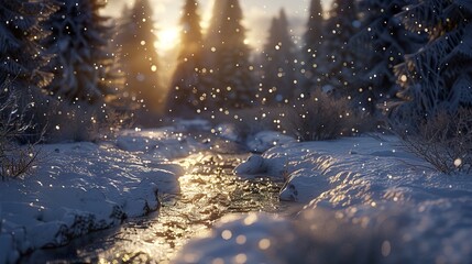 Winter Wonderland: Snowy Forest Stream with Golden Hour Sunlight