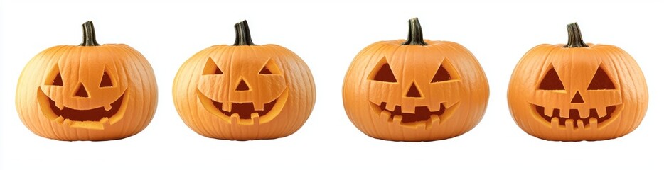 Canvas Print - Various lit spooky Halloween pumpkins, Jack O Lanterns with evil eyes and faces isolated on transparent.