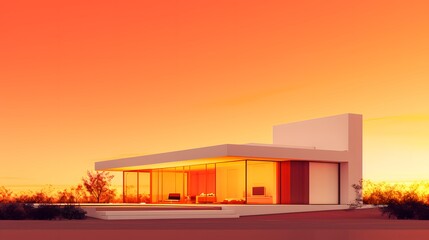 Wall Mural - Minimalistic house with nano details and a flaming red sky in the background   --style rawAI generated illustration