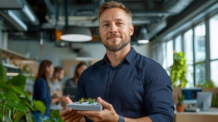 A startup founder handsome man with a warm smile holding a prototype in modern office
