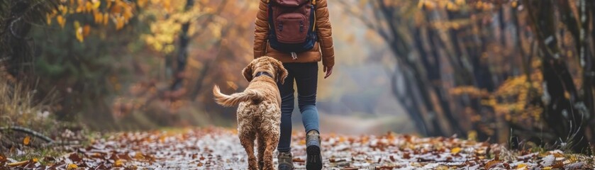 Wall Mural - Person with a backpack walking with their dog through a forest path covered in fallen leaves in autumn.