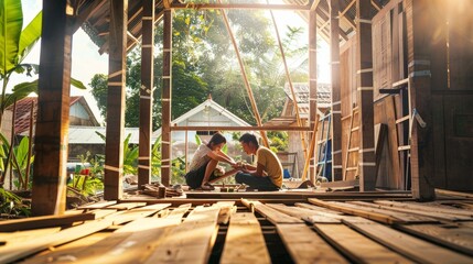 in a sunlit, partially constructed home, two individuals work together, surrounded by wooden beams a