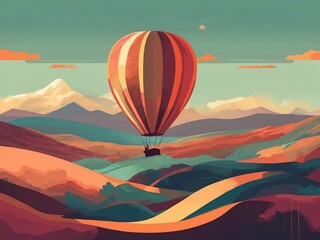 Poster - An illustration of a hot air balloon drifting above rolling hills, glitch art, minimalism