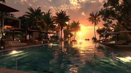 Poster - A serene sunset by a luxurious pool surrounded by palm trees and tranquil waters.