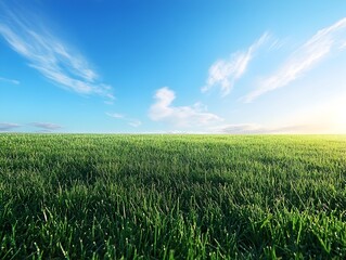 Wall Mural - Breathtaking Expansive Green Meadow Under Bright Blue Sky with Puffy White Clouds