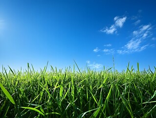 Wall Mural - Lush Emerald Meadow Under Bright Blue Sky with Fluffy Clouds